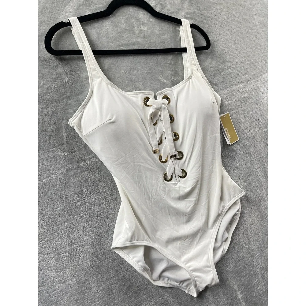 Michael Kors One Piece Swimsuit Women White NWT Lace Up Grommet Sz 16 $